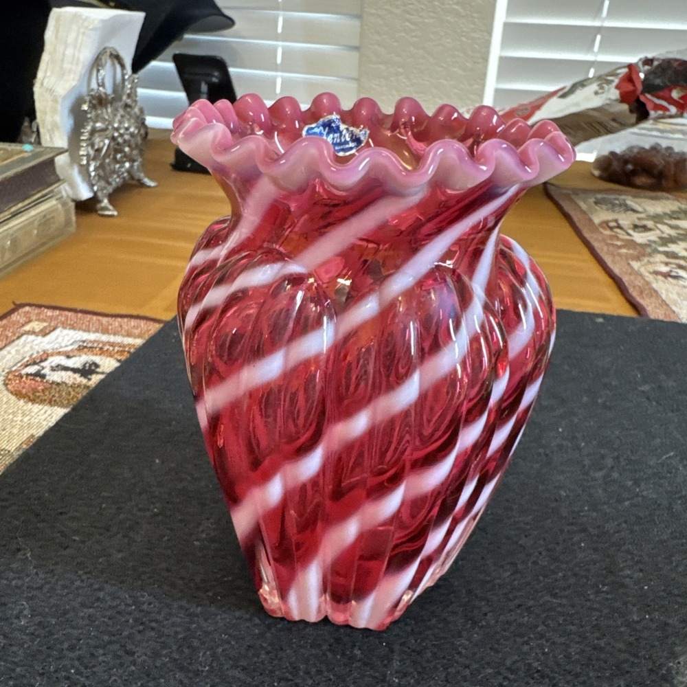 Fenton Cranberry Opalescent Spiral Optic Glass Vase - 5" tall